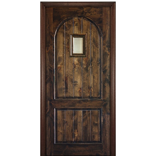 96" Tall 2 Panel V-Grooved Circle Panel Solid Knotty Alder Entry Door with Speakeasy