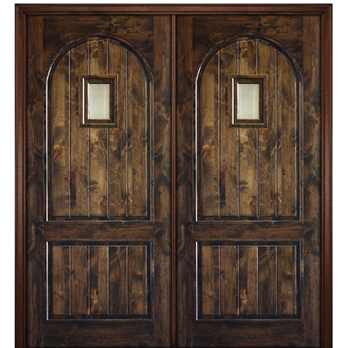 96" Tall 2 Panel V-Grooved Circle Panel Solid Knotty Alder Entry Double Door with Speakeasy