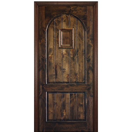 96" Tall 2 Panel V-Grooved  Circle Panel Solid Knotty Alder Entry Door with Operable Wood Speakeasy