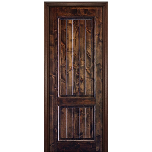 96" Tall 2 Panel V Grooved Square Top Solid Knotty Alder Entry Door