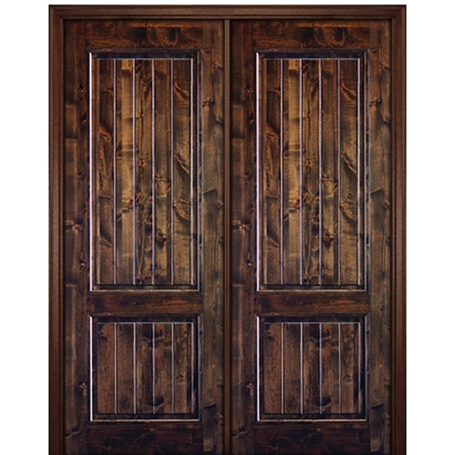 96" Tall 2 Panel V Grooved Square Top Solid Knotty Alder Entry Double Door