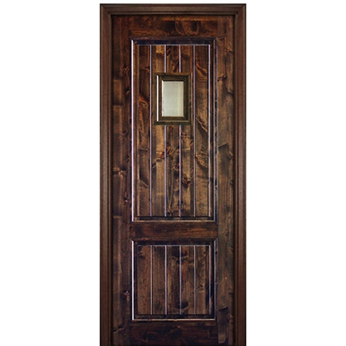 96" Tall 2 Panel V-Grooved  Square Top Solid Knotty Alder Entry Door with Speakeasy