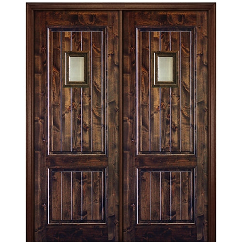 96" Tall 2 Panel V-Grooved Square Top Solid Knotty Alder Entry Double Door with Speakeasy