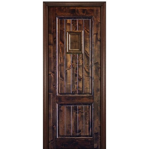 96" Tall 2 Panel V-Grooved  Square Top Solid Knotty Alder Entry Door with Operable Wood Speakeasy