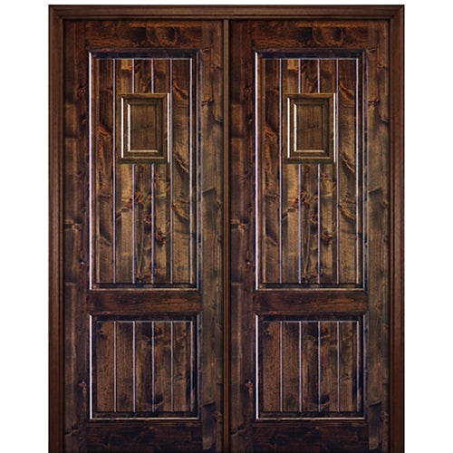 96" Tall 2 Panel V-Grooved Square Top Solid Knotty Alder Entry Double Door with Operable Wood Speakeasy