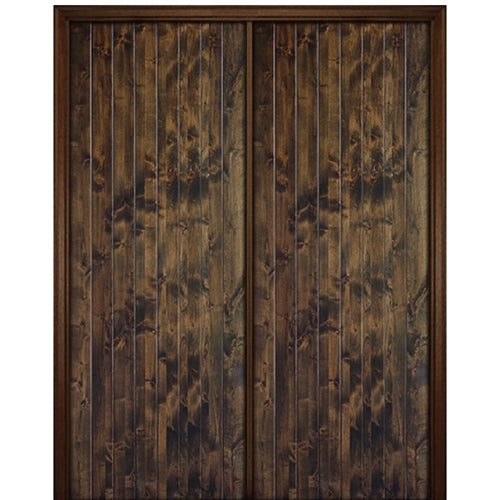 96" Tall V-Grooved Plank Solid Knotty Alder Entry Double Door