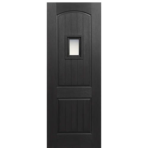 36" x 80" 2-Panel Arch V-Groove Fiberglass Entry Door with glass speakeasy and optional iron mask