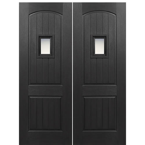 72" x 96" 2-Panel Arch V-Groove Fiberglass Entry Double Door with glass speakeasy and optional iron masks