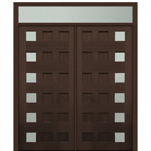 Prehung 72" X 80" Tall Carlo 6-Lite (Left) Modern Mahogany Entry Double Door  with 12" Transom with Clear Glass