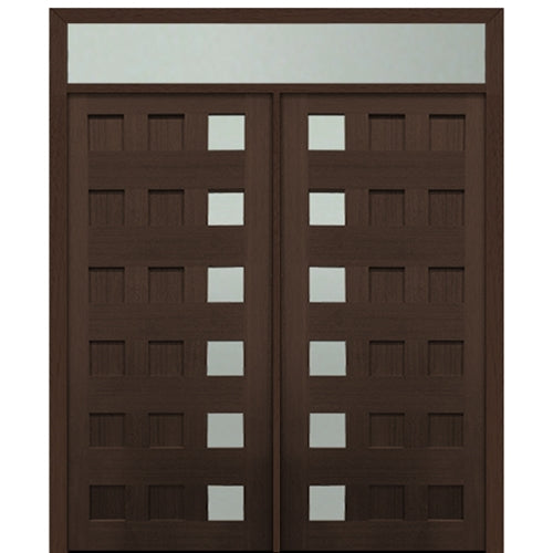 Prehung 72" X 80" Tall Carlo 6-Lite (Right) Modern Mahogany Entry Double Door  with 12" Transom with Clear Glass