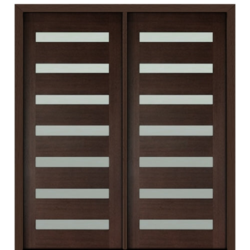 72" X 80"Tall Carlo 7-Lite Horizontal Lite Modern Mahogany Entry Double Door with Clear Glass