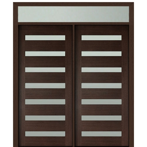 Prehung 72" X 80" Tall Carlo 7-Lite Horizontal Lite Modern Mahogany Entry Double Door with Transom with Clear Glass