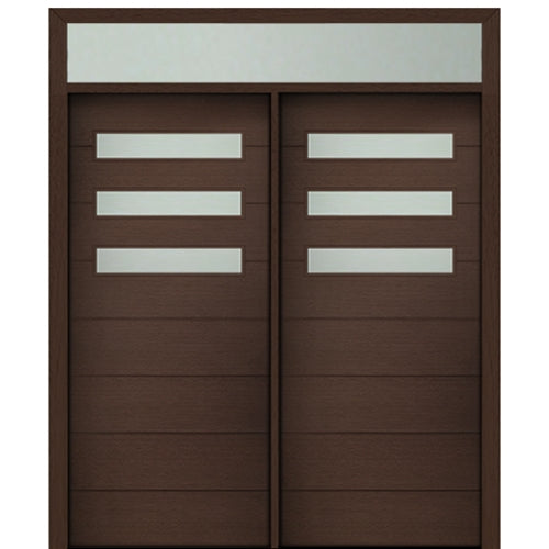 Prehung 72" X 80" Tall Luca 3 Lite Horizontal Lite Modern Mahogany Entry Double Door with Transom