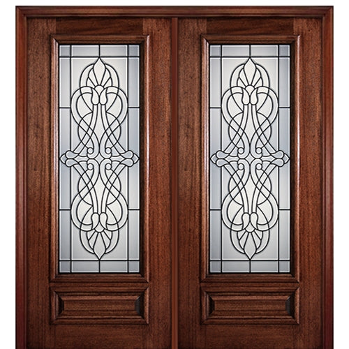 6'-8" Full Lite Mahogany Wood Entry Double Door with Pinehurst Decorative Glass