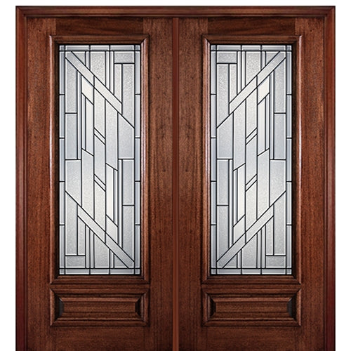 6'-8" Full Lite Mahogany Wood Entry Double Door with Columbia Decorative Glass