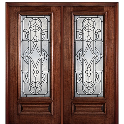 6'-8" Full Lite Mahogany Wood Entry Double Door with Maverick Decorative Glass