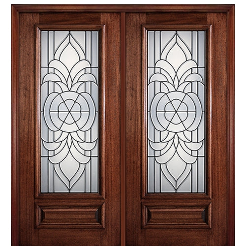 6'-8" Full Lite Mahogany Wood Entry Double Door with Princeton Decorative Glass