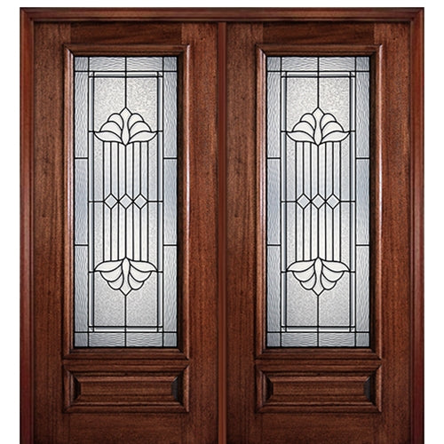 6'-8" Full Lite Mahogany Wood Entry Double Door with Delta Decorative Glass