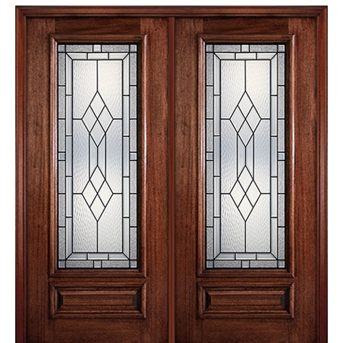 6'-8" Full Lite Mahogany Wood Entry Double Door with Hamilton Decorative Glass