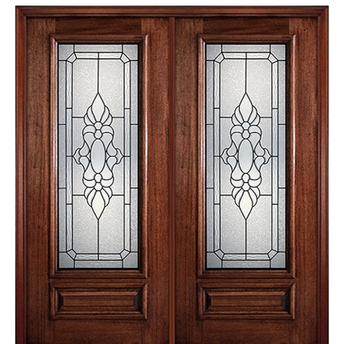 6'-8" Full Lite Mahogany Wood Entry Double Door with Medina Decorative Glass