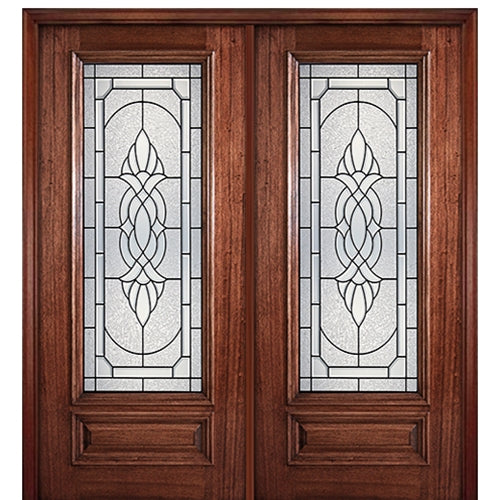 6'-8" Full Lite Mahogany Wood Entry Double Door with Ashton Decorative Glass