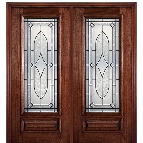 6'-8" Full Lite Mahogany Wood Entry Double Door with Dartmouth Decorative Glass