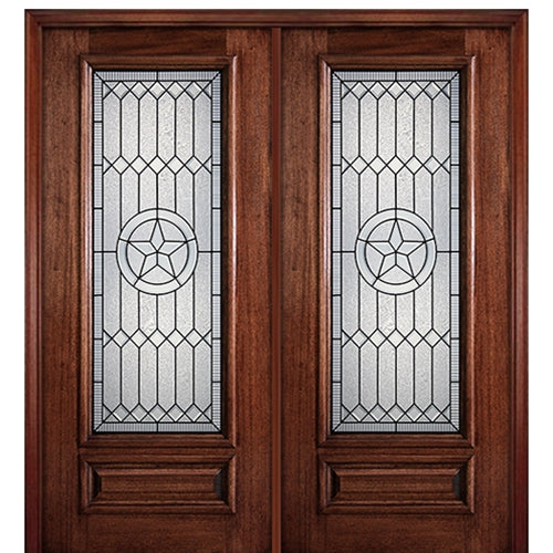 6'-8" Full Lite Mahogany Wood Entry Double Door with Pecos Decorative Glass