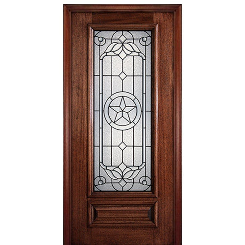 6'-8" 3/4 Lite Mahogany Wood Entry Door with San Jacinto Decorative Glass