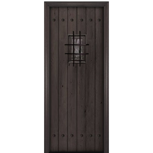 96" Tall Knotty Alder Square Top Plank Entry Door with Speakeasy and Decorative Clavos 