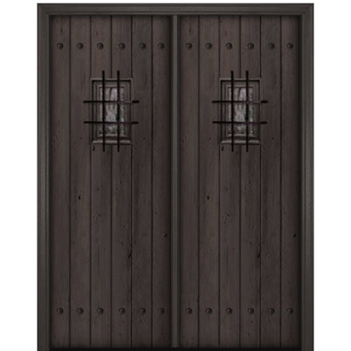 96" Tall Knotty Alder Square Top Plank Entry Double Door with Speakeasy and Decorative Clavos 