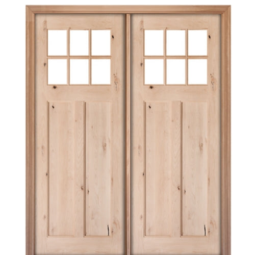 72" X 96" 6 Lite 2 Panel Knotty Alder Craftsman Style Double Door With True Divided Lite (TDL) Clear Low E Insulated Glass