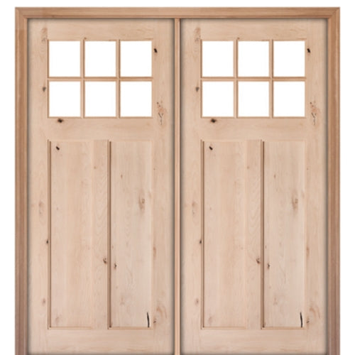 72" X 80" 6 Lite 2 Panel Knotty Alder Craftsman Style Double Door With True Divided Lite (TDL) Clear Low E Insulated Glass