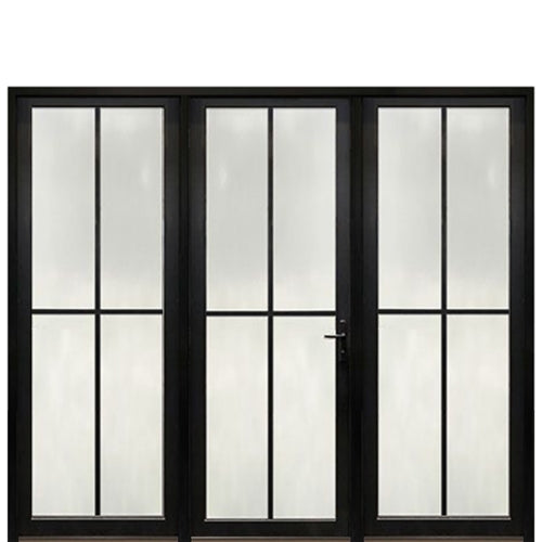 Prehung 4-Lite Fiberglass Narrow Profile Entry Door With 2 Fixed Sidelites And Multi-Point Lock System 