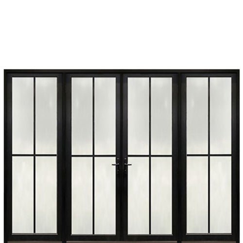 Prehung Narrow Profile 4-Lite Fiberglass Entry Double Door With 2 Fixed Sidelites And Multi-Point Lock System