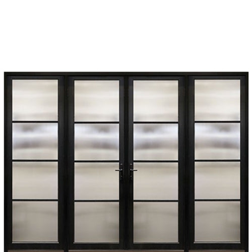 Prehung Narrow Profile Horizontal 4-Lite Fiberglass Entry Double Door With 2 Fixed Sidelites And Multi-Point Lock System 