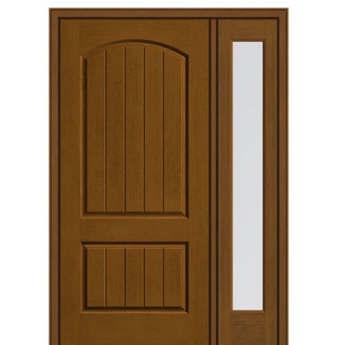 2 Panel Soft Arch Top Mahogany Grain Fiberglass Entry Door With Full Lite Sidelite