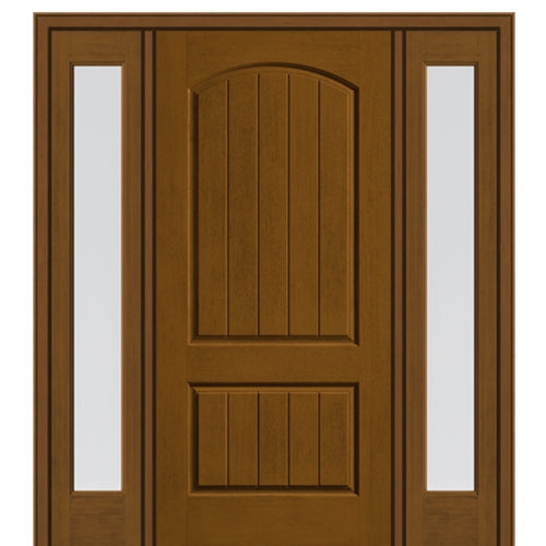 2 Panel Soft Arch Top Mahogany Grain Fiberglass Entry Door with 2 Full Lite Sidelites