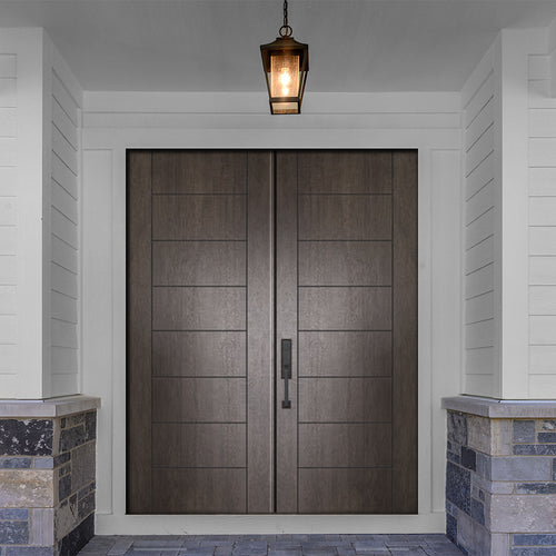 Brentwood FG-2 | Flush Fiberglass Exterior Double Doors with Modern Grooves Design, Mahogany Wood Grain Texture