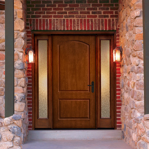 CCR205 | 2 Panel Soft Arch Mahogany Grain Fiberglass Door