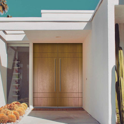 Inglewood FG-2 | Modern Flush Fiberglass Double Doors with Horizontal and Vertical Grooves, Mahogany Wood Grain Texture