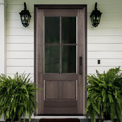 Alexandria TDL 4LT 6/8 E-12 | 80" Tall 4-Lite TDL Mahogany Wood Entry Door with Two Sidelites and Half Round Transom with Clear Beveled Low-E Glass