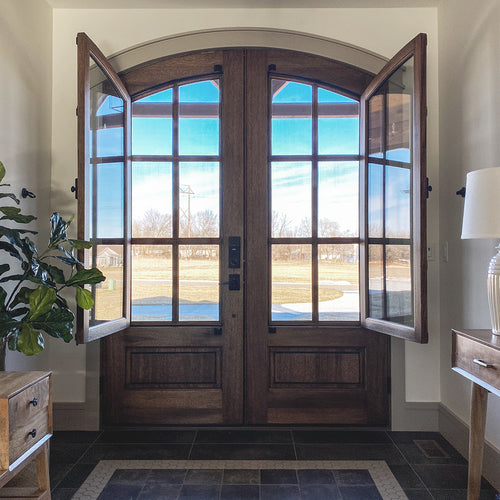 Breezeport Arched TDL 6LT E-17 | 8'0" Tall Breezeport Arched 6-Lite TDL Mahogany Double Entry Door with Built-in Screens and Operable Windows